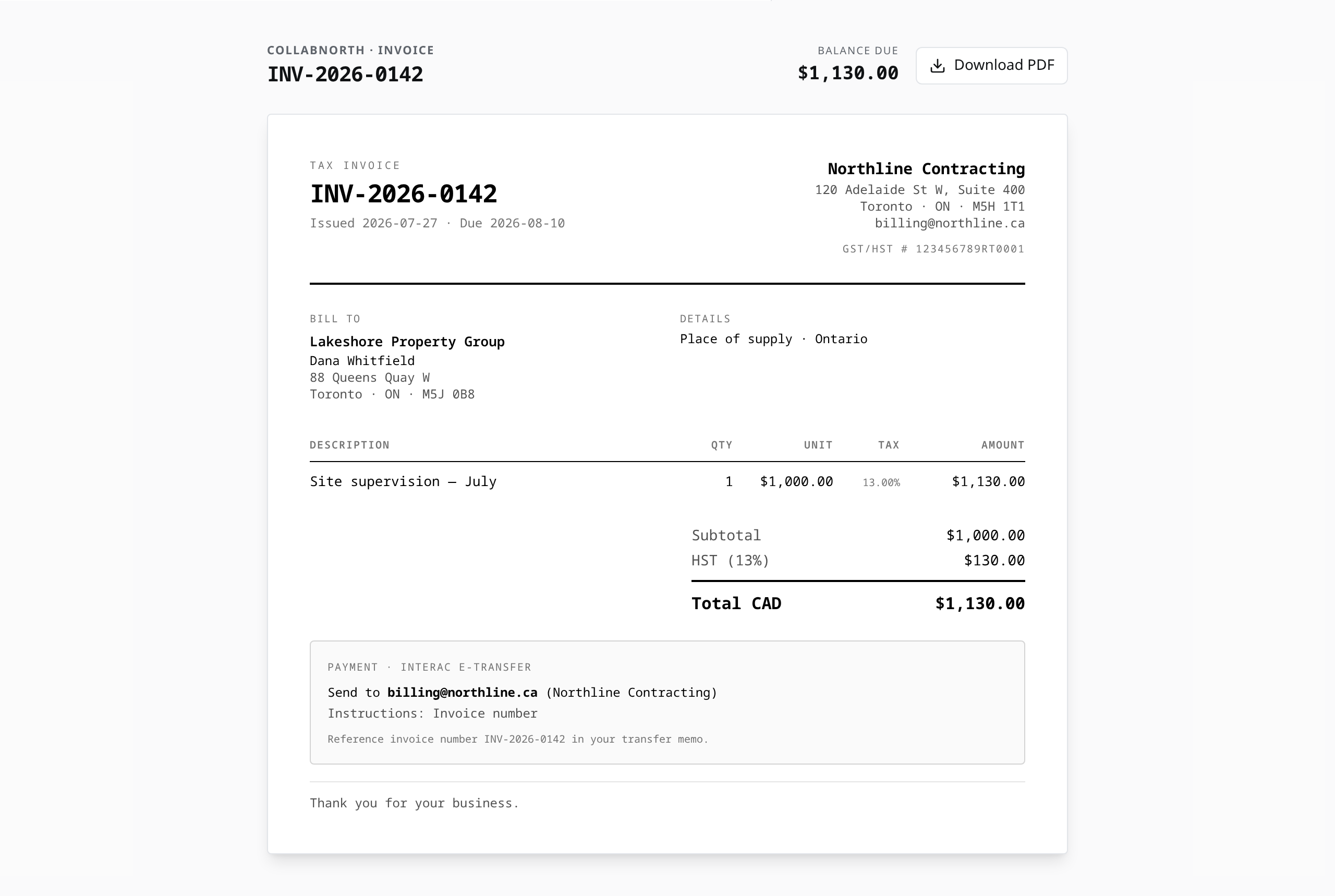 CollabNorth customer invoice portal with Interac e-Transfer instructions